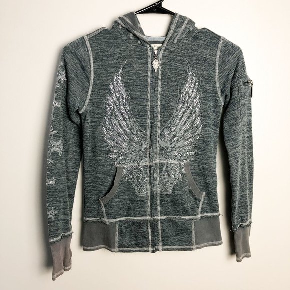 Miss Me Other - Miss Me Unplugged Rhinestone Wings Full Zip Heathered Hoodie Girls Medium
